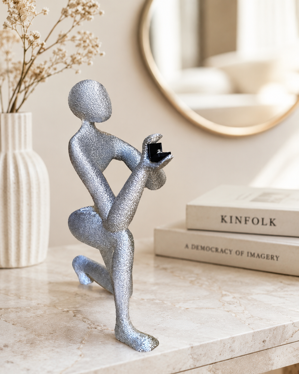 3D Printed Proposal Figurine Romantic Kneeling Sculpture Holding Ring Box Unique Engagement Gift Decor