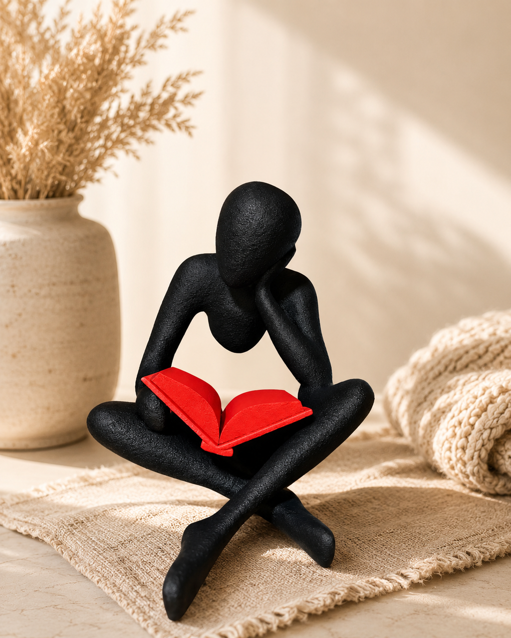 3D Printed Reading Figure Sculpture, Minimalist Book Lover Decor, Abstract Thinker Statue
