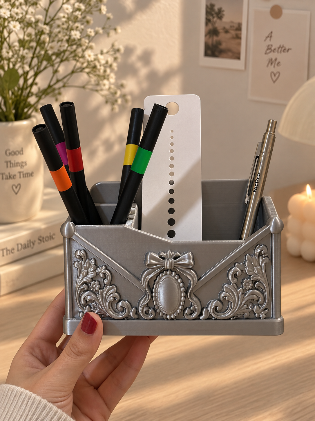 Vintage Envelope Pen Holder – 3D Printed Ornate Desk Organizer