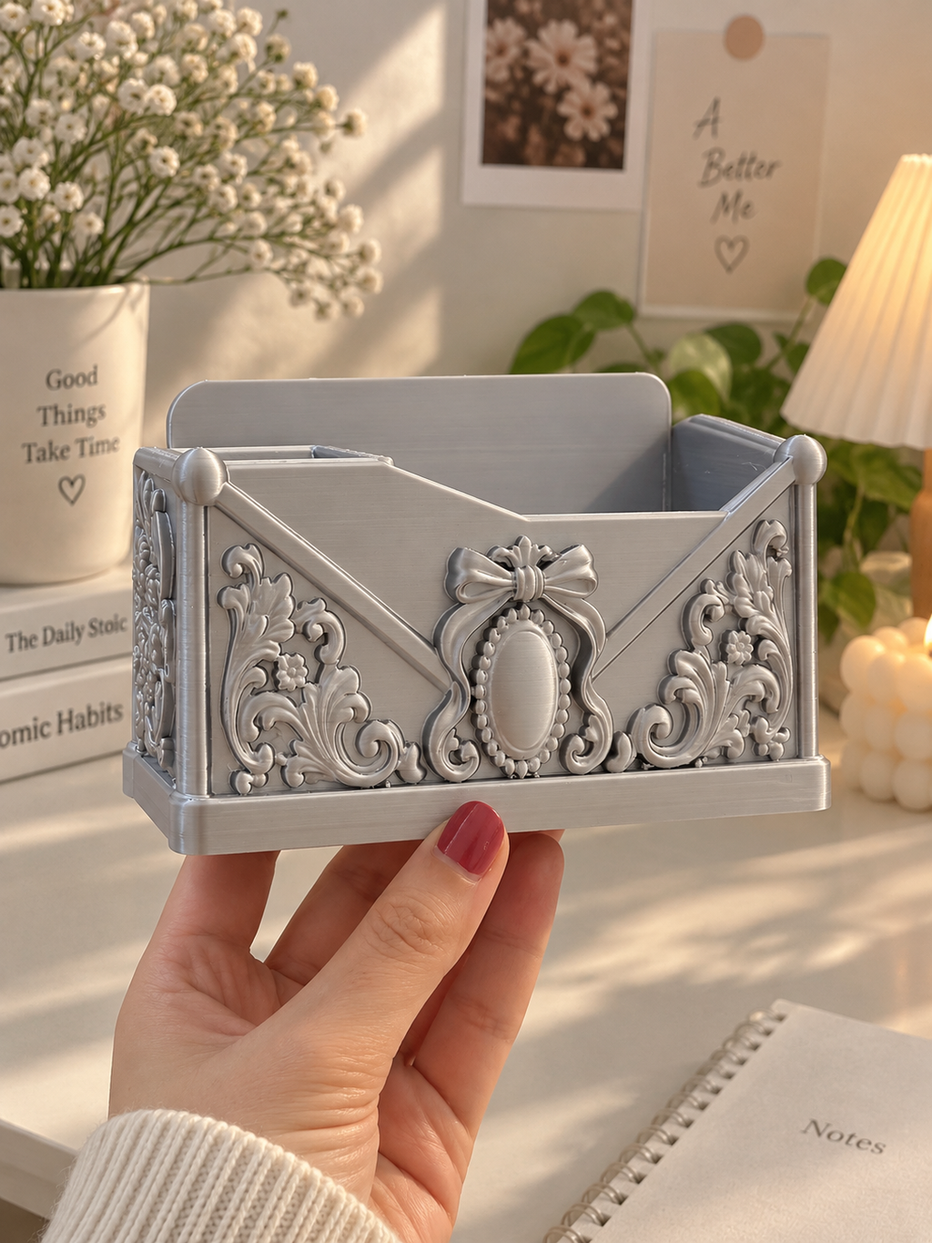 Vintage Envelope Pen Holder – 3D Printed Ornate Desk Organizer