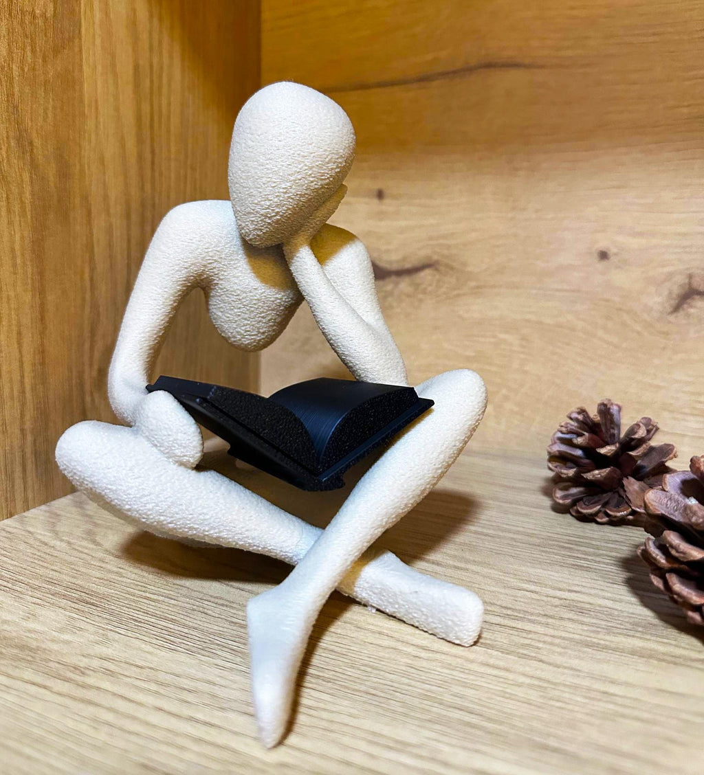 3D Printed Reading Figure Sculpture, Minimalist Book Lover Decor, Abstract Thinker Statue