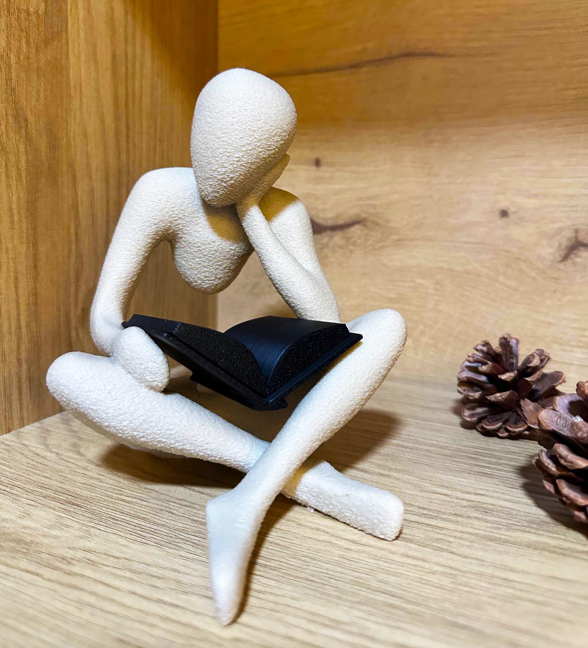 3D Printed Reading Figure Sculpture, Minimalist Book Lover Decor, Abstract Thinker Statue