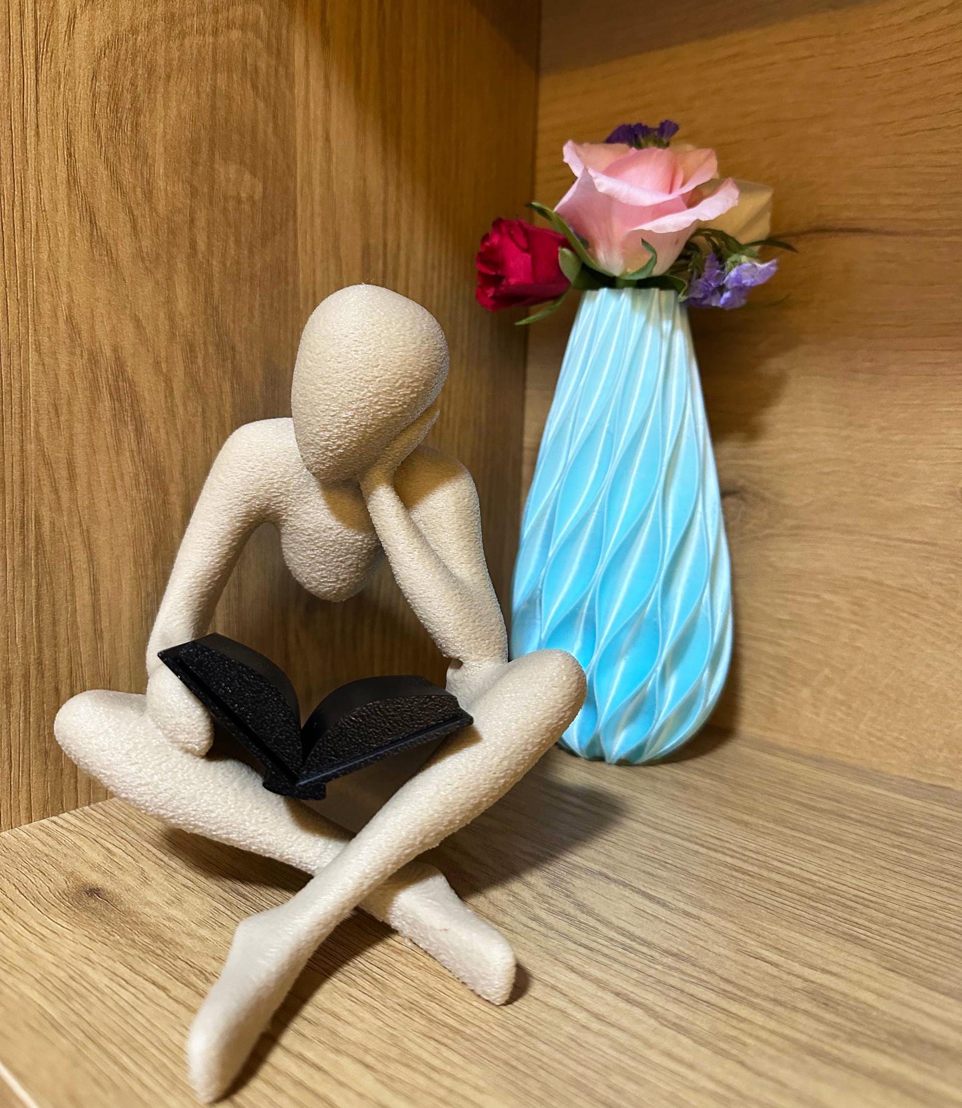 3D Printed Reading Figure Sculpture, Minimalist Book Lover Decor, Abstract Thinker Statue