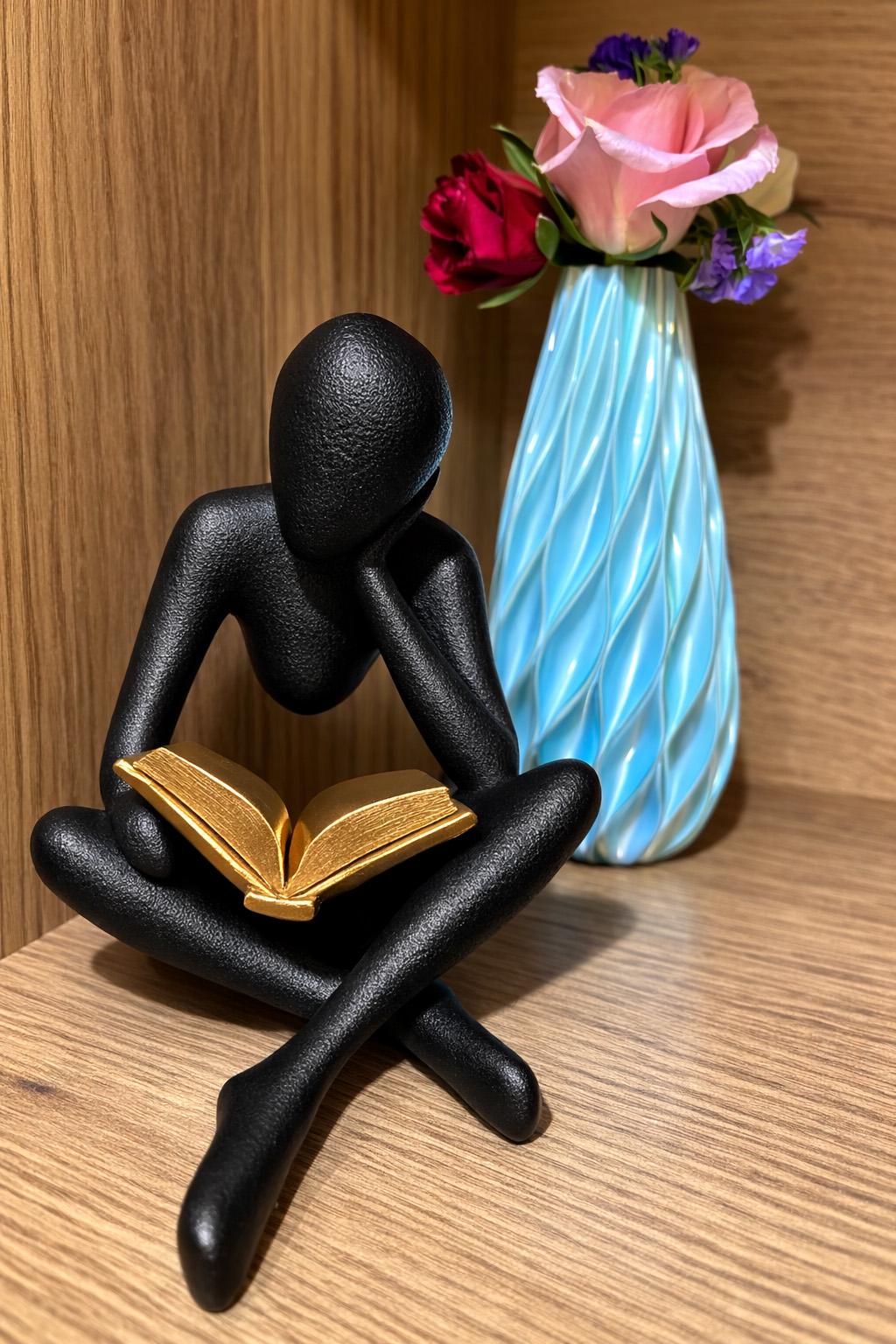 3D Printed Reading Figure Sculpture, Minimalist Book Lover Decor, Abstract Thinker Statue