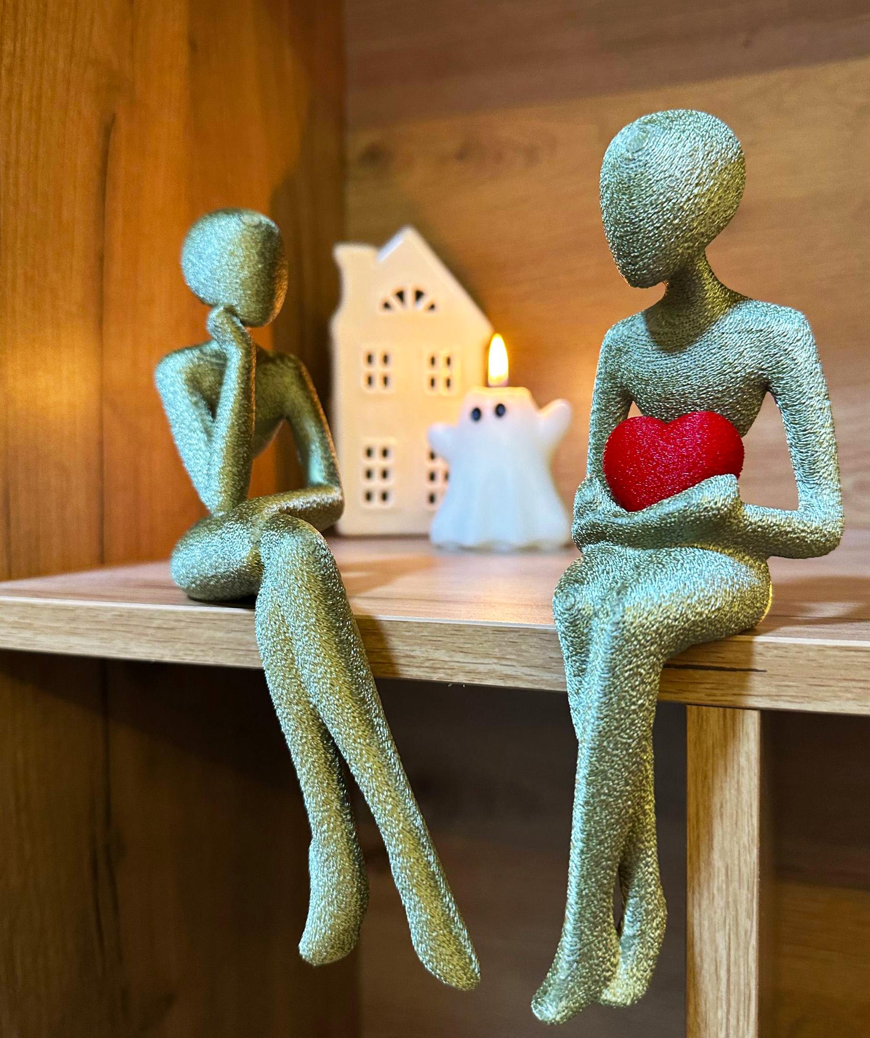 3D Printed Shelf Edge Figurine, Minimalist Sitting Figure with Heart, Romantic Sculpture Home Decor