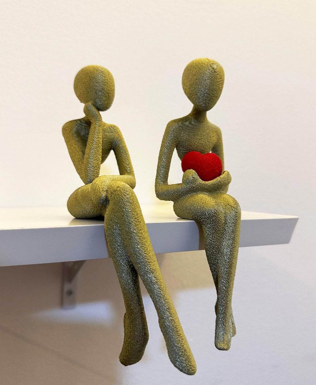 3D Printed Shelf Edge Figurine, Minimalist Sitting Figure with Heart, Romantic Sculpture Home Decor