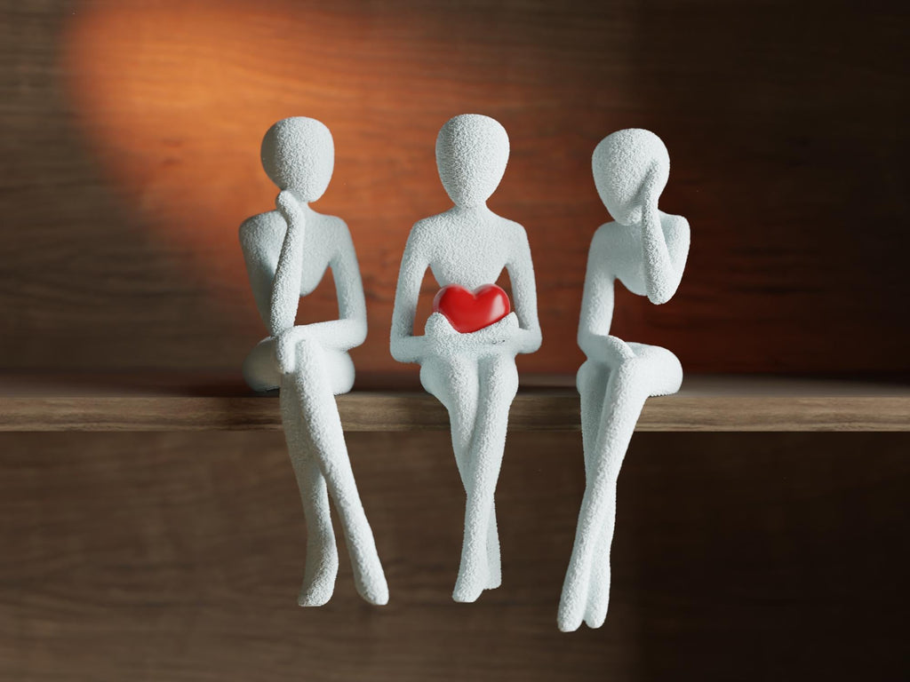 3D Printed Shelf Edge Figurine, Minimalist Sitting Figure with Heart, Romantic Sculpture Home Decor