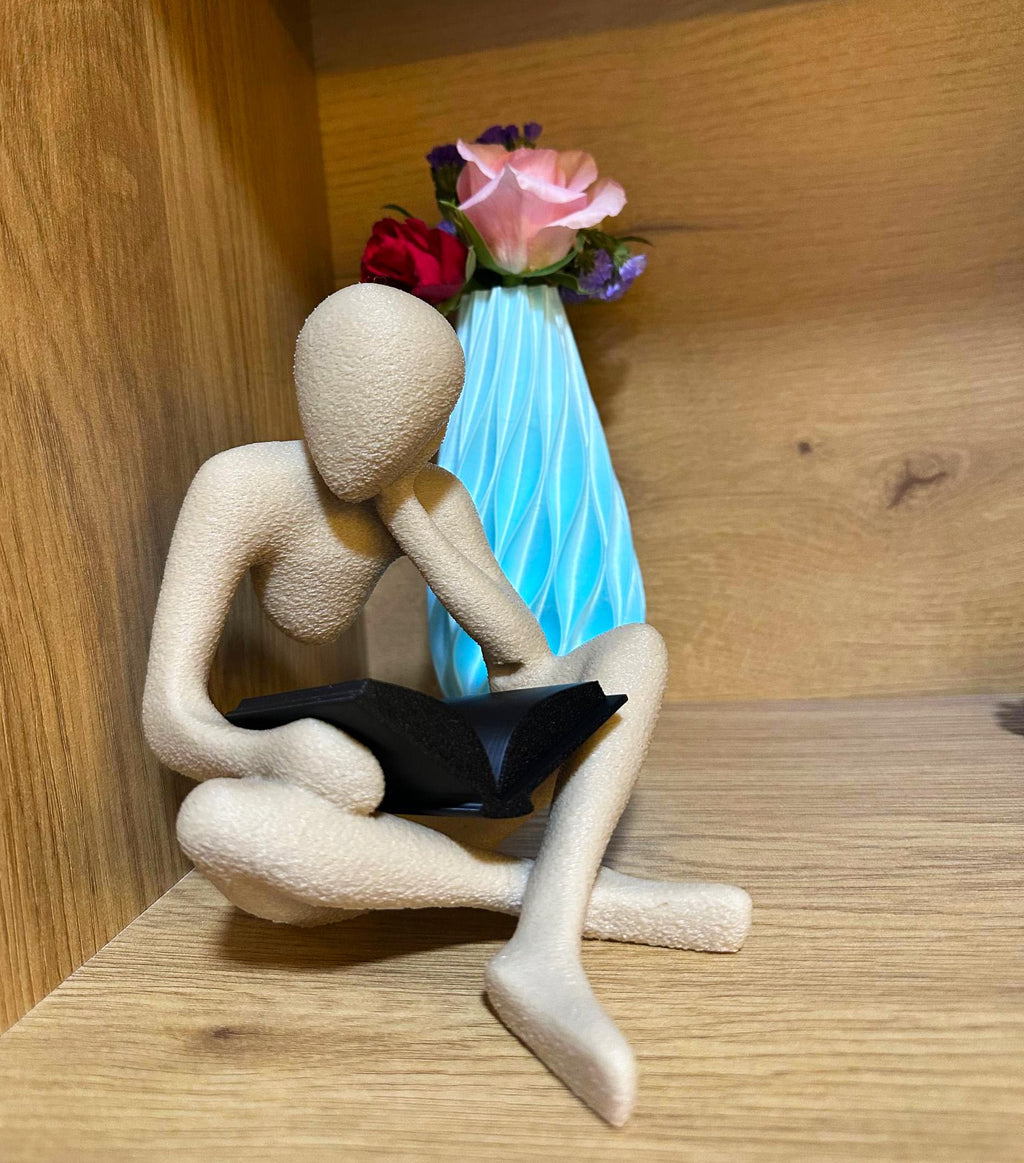 3D Printed Reading Figure Sculpture, Minimalist Book Lover Decor, Abstract Thinker Statue