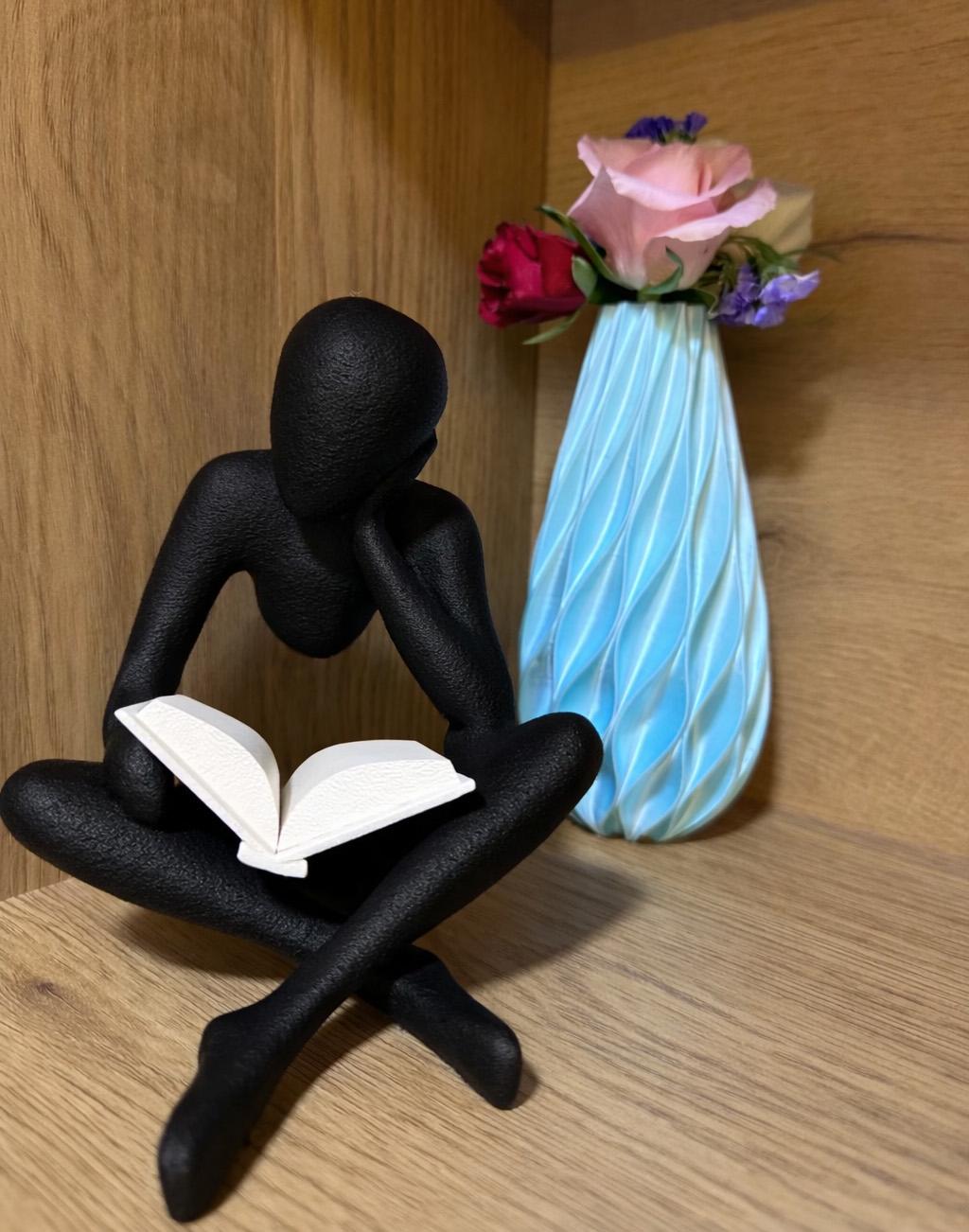 3D Printed Reading Figure Sculpture, Minimalist Book Lover Decor, Abstract Thinker Statue