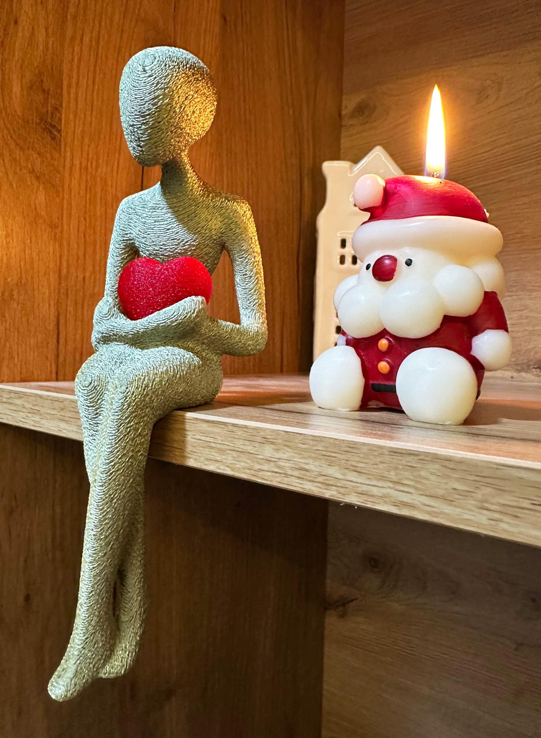 3D Printed Shelf Edge Figurine, Minimalist Sitting Figure with Heart, Romantic Sculpture Home Decor