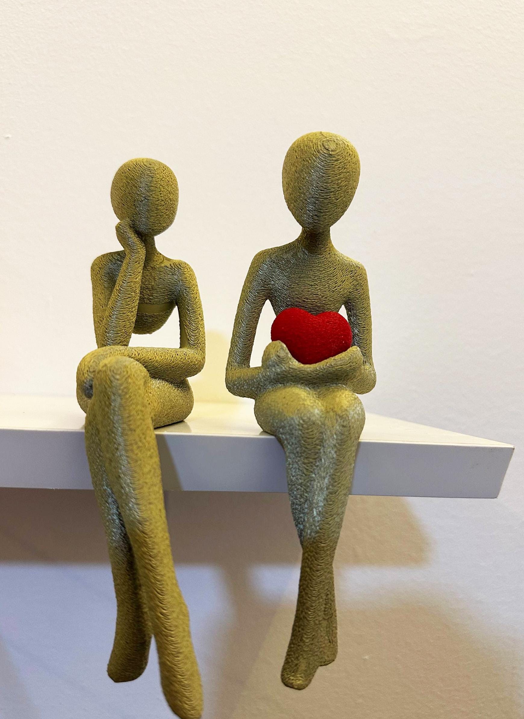3D Printed Shelf Edge Figurine, Minimalist Sitting Figure with Heart, Romantic Sculpture Home Decor