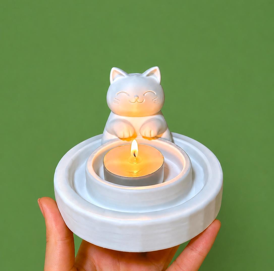 Cute Cat Candle Holder | 3D Printed Kawaii Tealight Holder | Minimal Desk Decor | Gift for Cat Lovers | Cozy Home Decor