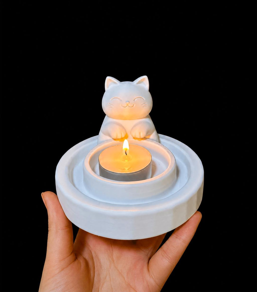 Cute Cat Candle Holder | 3D Printed Kawaii Tealight Holder | Minimal Desk Decor | Gift for Cat Lovers | Cozy Home Decor