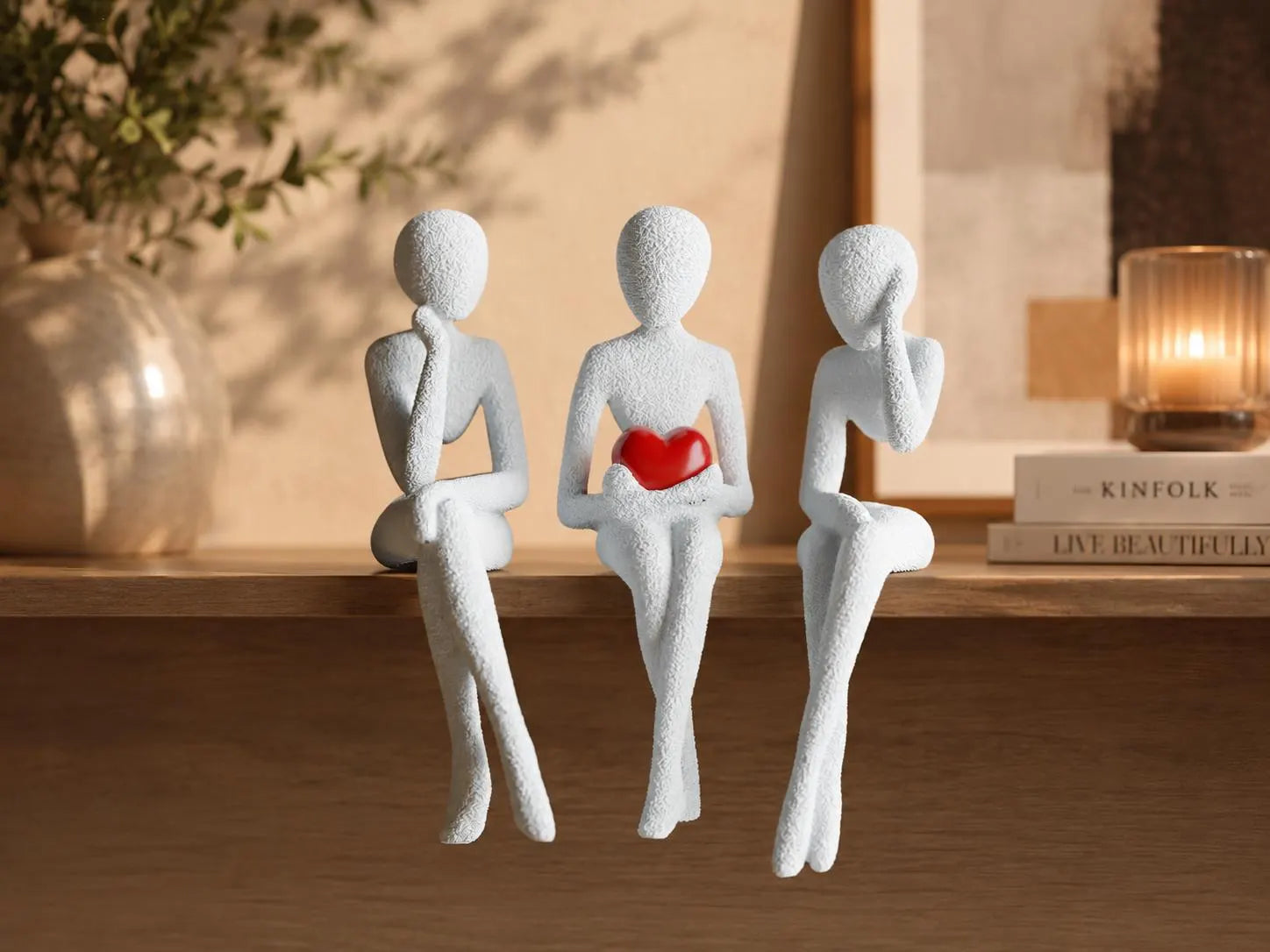 3D Printed Shelf Edge Figurine, Minimalist Sitting Figure with Heart, Romantic Sculpture Home Decor