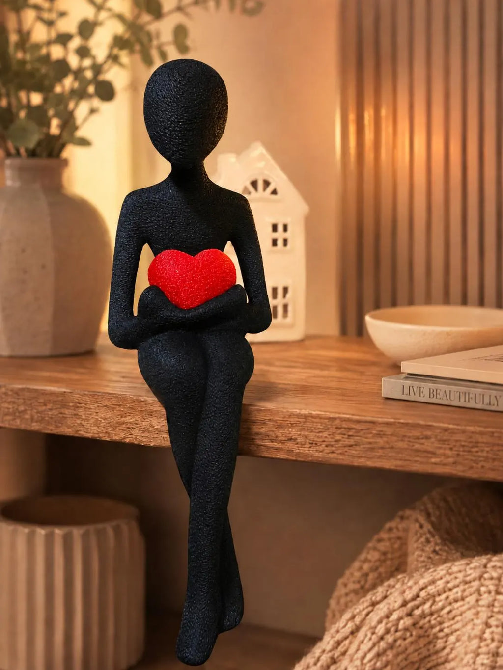 3D Printed Shelf Edge Figurine, Minimalist Sitting Figure with Heart, Romantic Sculpture Home Decor