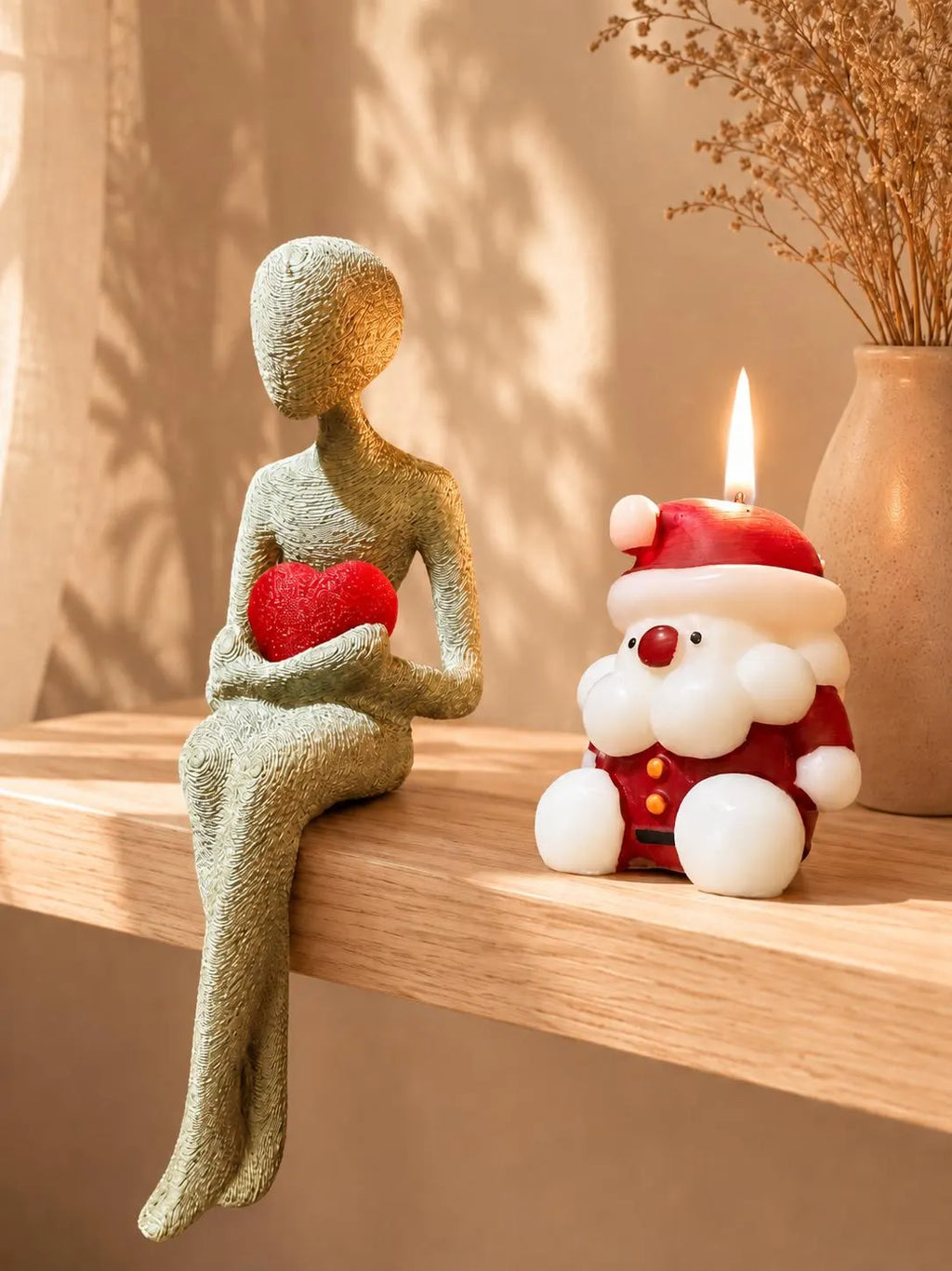 3D Printed Shelf Edge Figurine, Minimalist Sitting Figure with Heart, Romantic Sculpture Home Decor