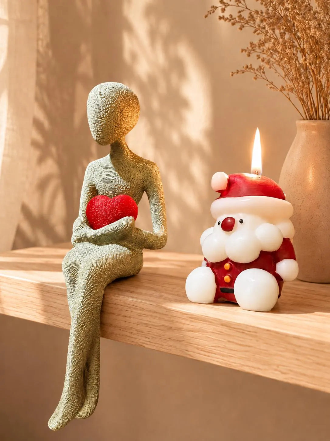 3D Printed Shelf Edge Figurine, Minimalist Sitting Figure with Heart, Romantic Sculpture Home Decor