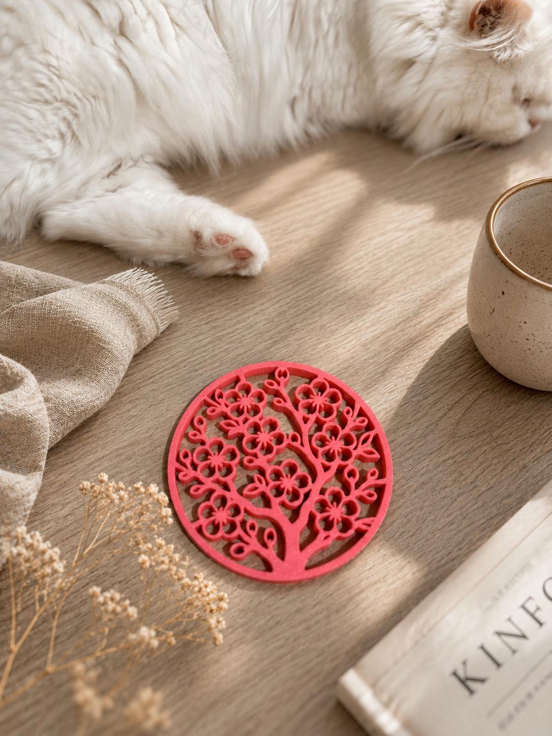 Cherry Blossom Coaster, 3D Printed Floral Coaster, Kawaii Desk Decor