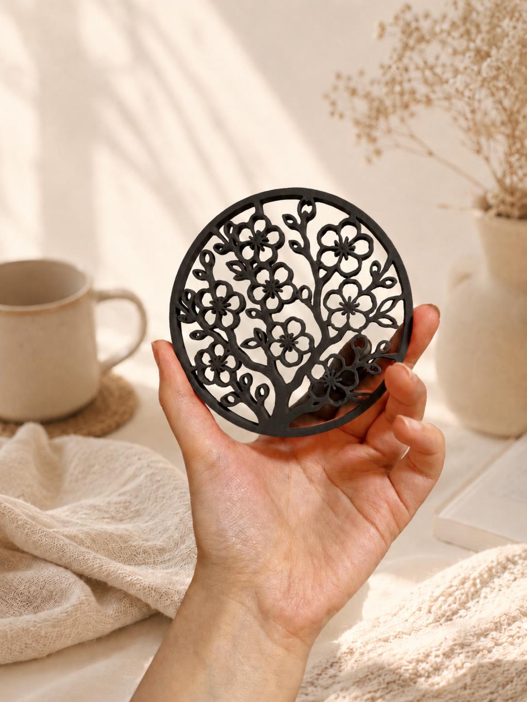 Cherry Blossom Coaster, 3D Printed Floral Coaster, Kawaii Desk Decor