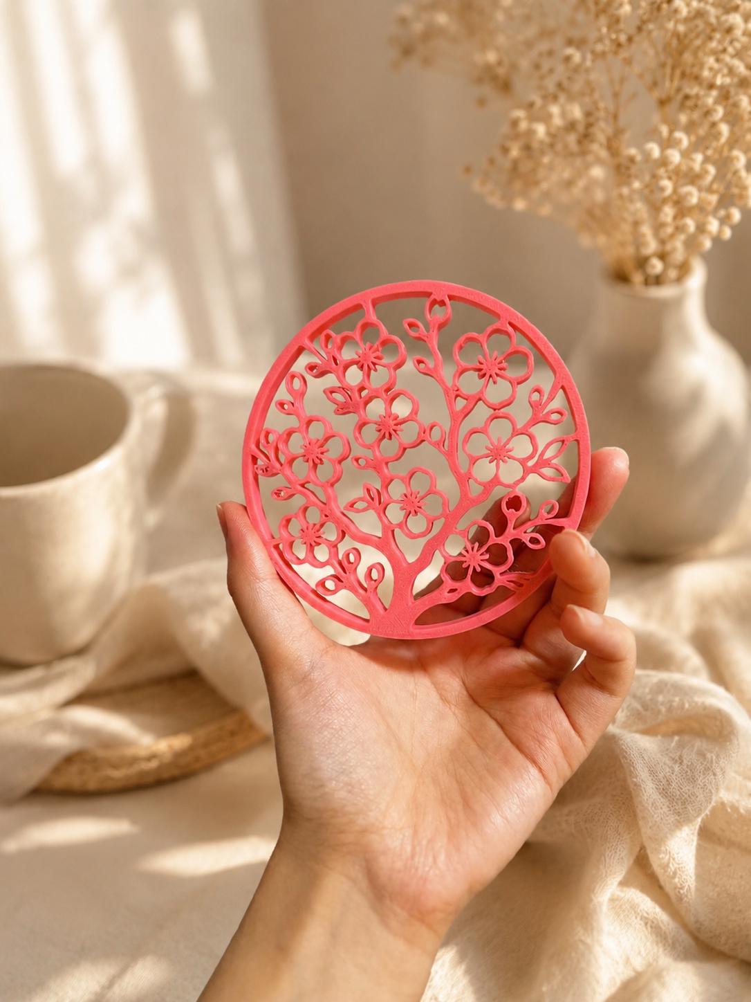 Cherry Blossom Coaster, 3D Printed Floral Coaster, Kawaii Desk Decor