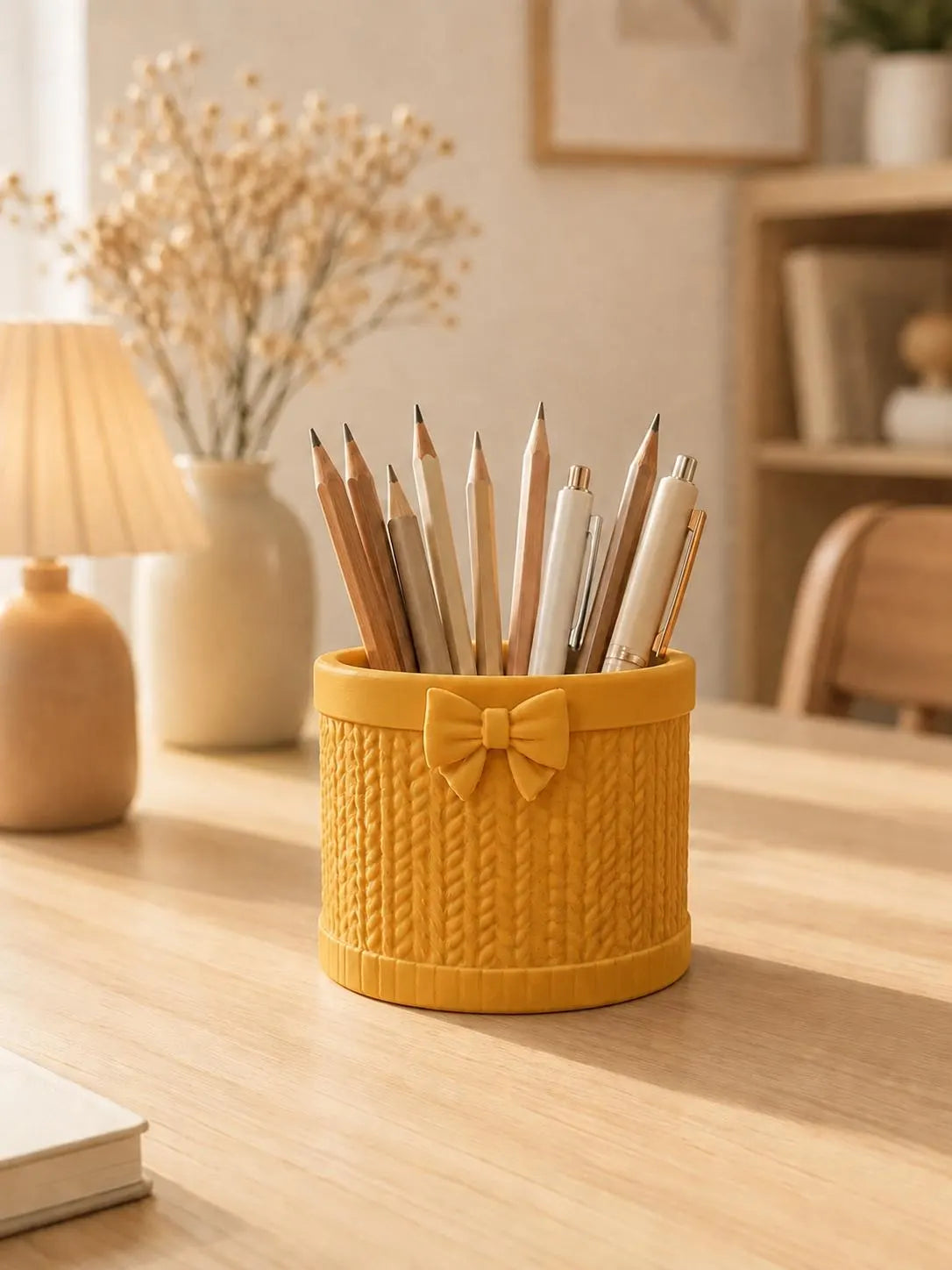 3D Printed Bow Pen Holder, Knit Texture Pencil Cup, Cute Desk Organizer, Coquette Office Decor, Teacher Gift, Aesthetic Desk Accessory