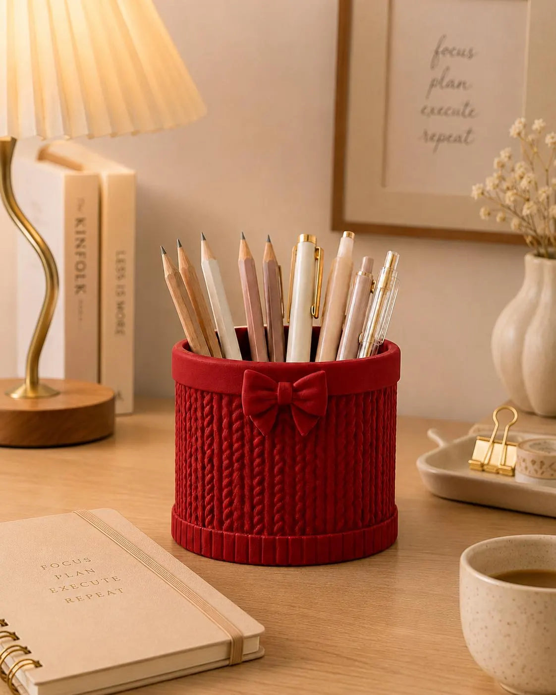3D Printed Bow Pen Holder, Knit Texture Pencil Cup, Cute Desk Organizer, Coquette Office Decor, Teacher Gift, Aesthetic Desk Accessory