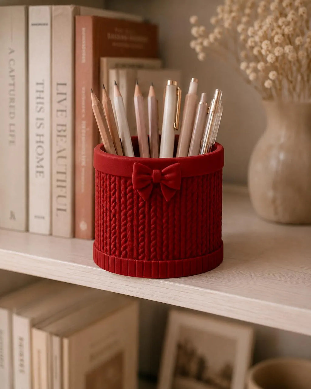 3D Printed Bow Pen Holder, Knit Texture Pencil Cup, Cute Desk Organizer, Coquette Office Decor, Teacher Gift, Aesthetic Desk Accessory