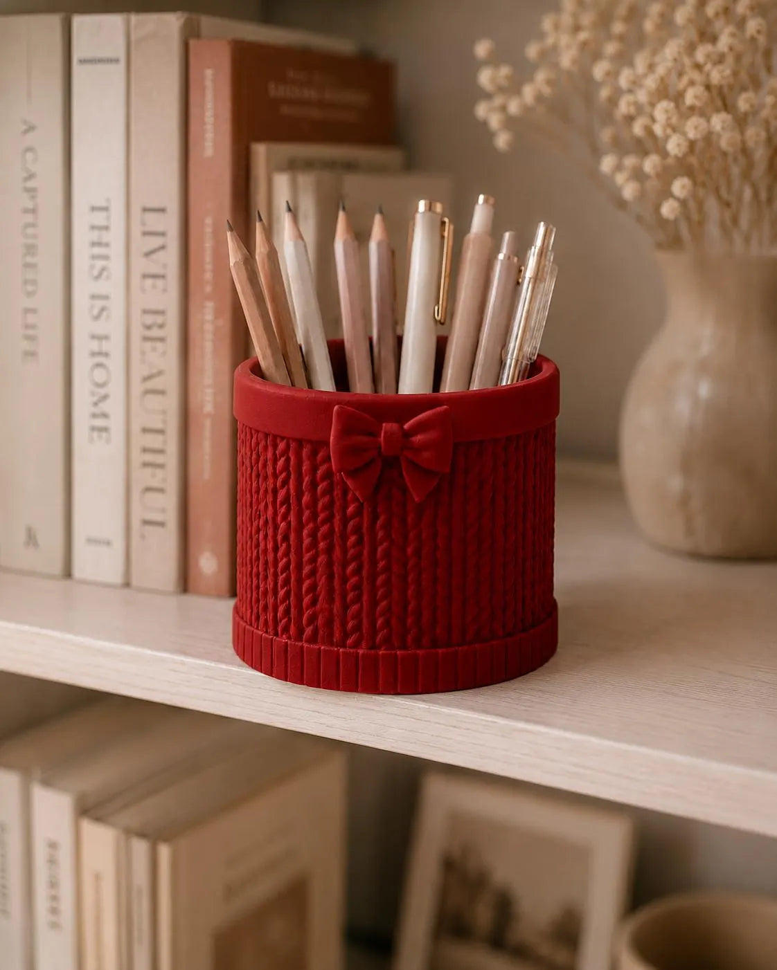 3D Printed Bow Pen Holder, Knit Texture Pencil Cup, Cute Desk Organizer, Coquette Office Decor, Teacher Gift, Aesthetic Desk Accessory