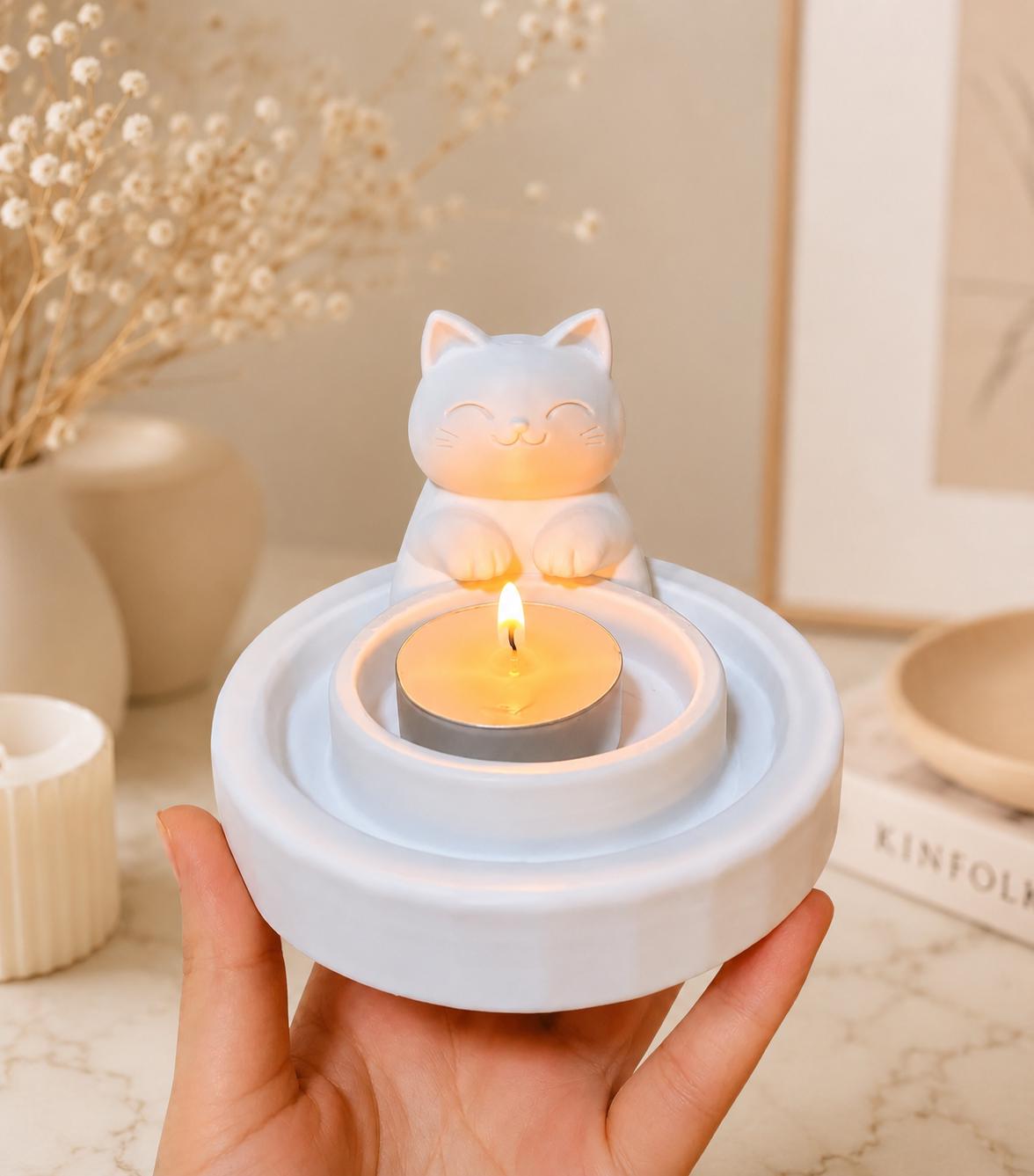 Cute Cat Candle Holder | 3D Printed Kawaii Tealight Holder | Minimal Desk Decor | Gift for Cat Lovers | Cozy Home Decor