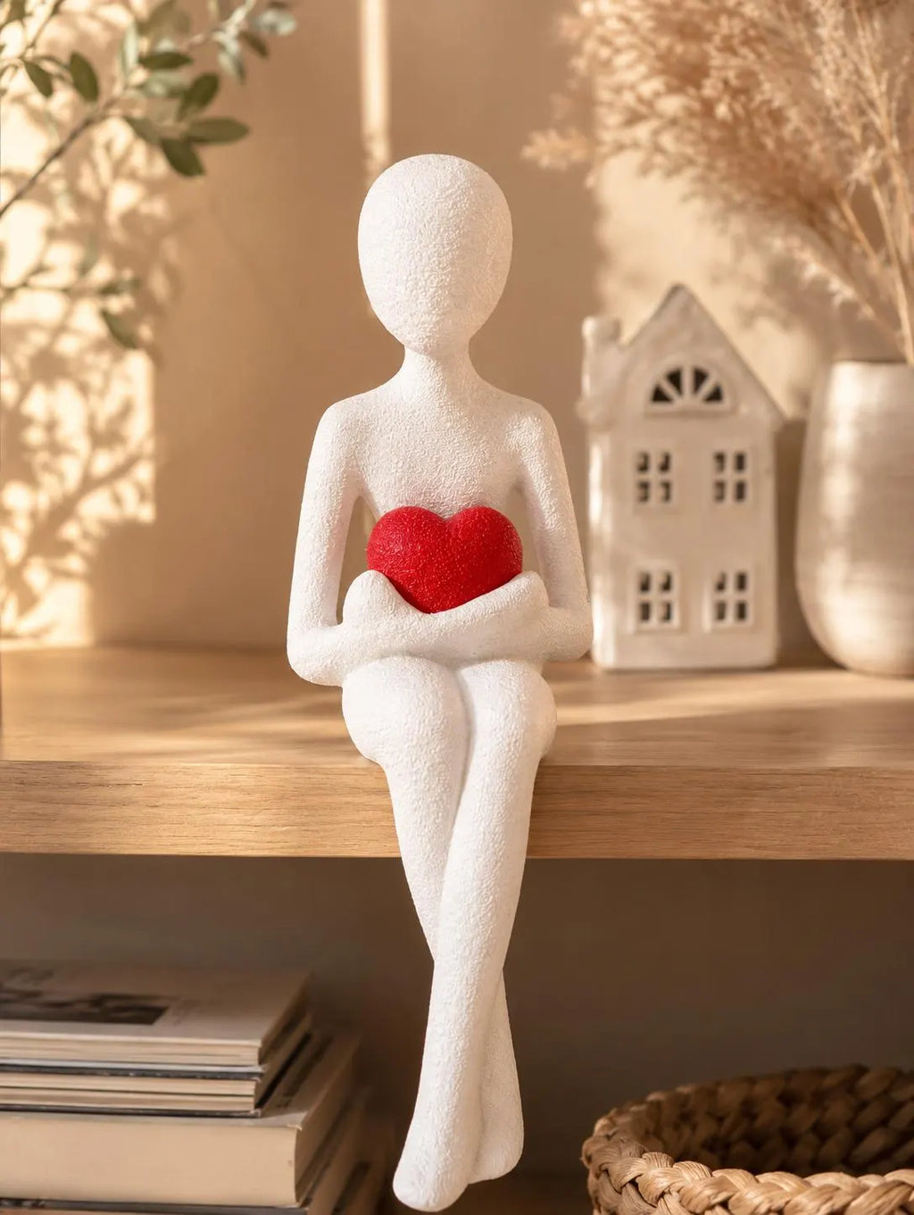 3D Printed Shelf Edge Figurine, Minimalist Sitting Figure with Heart, Romantic Sculpture Home Decor