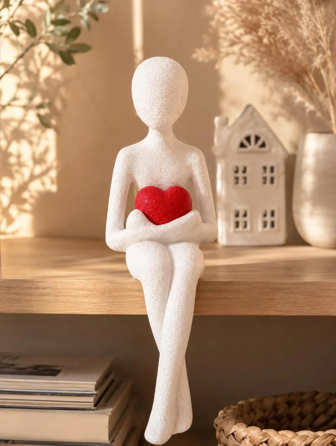 3D Printed Shelf Edge Figurine, Minimalist Sitting Figure with Heart, Romantic Sculpture Home Decor