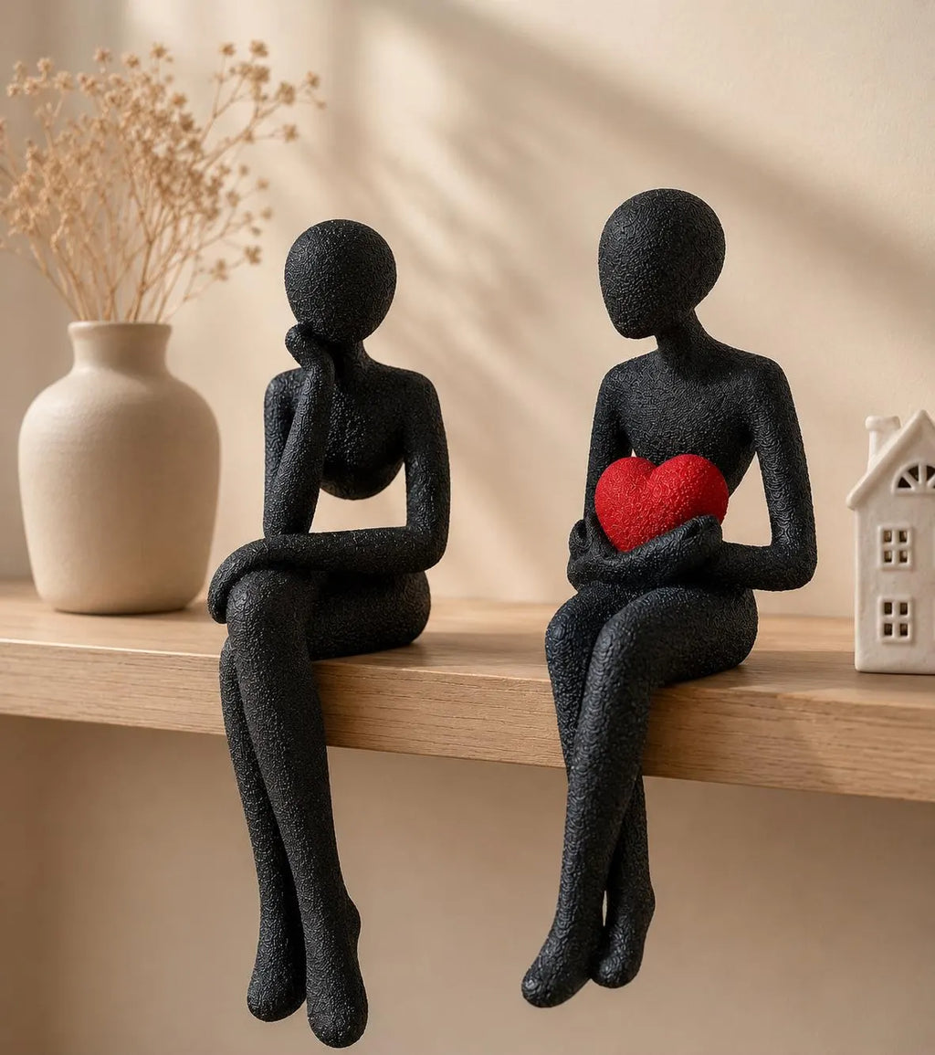 3D Printed Shelf Edge Figurine, Minimalist Sitting Figure with Heart, Romantic Sculpture Home Decor