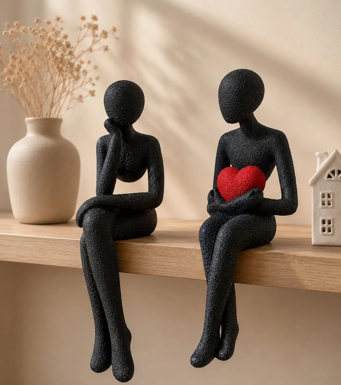3D Printed Shelf Edge Figurine, Minimalist Sitting Figure with Heart, Romantic Sculpture Home Decor