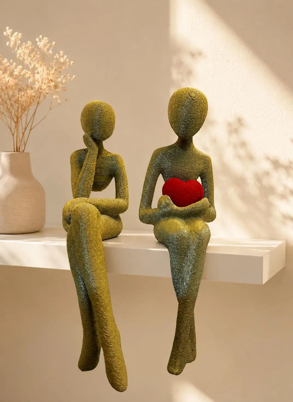 3D Printed Shelf Edge Figurine, Minimalist Sitting Figure with Heart, Romantic Sculpture Home Decor