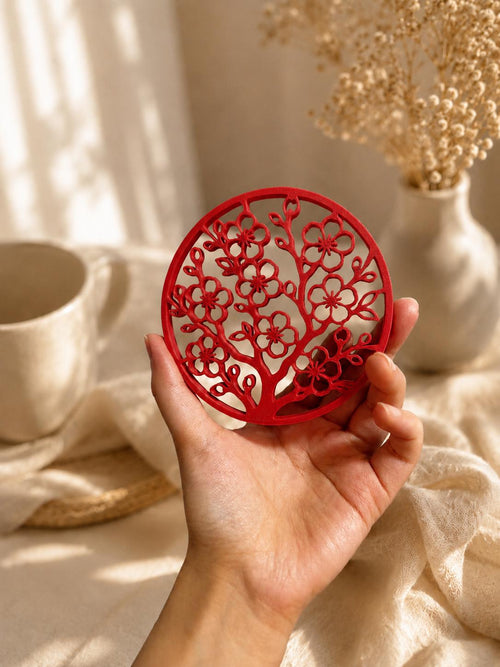 Red cherry blossom coaster