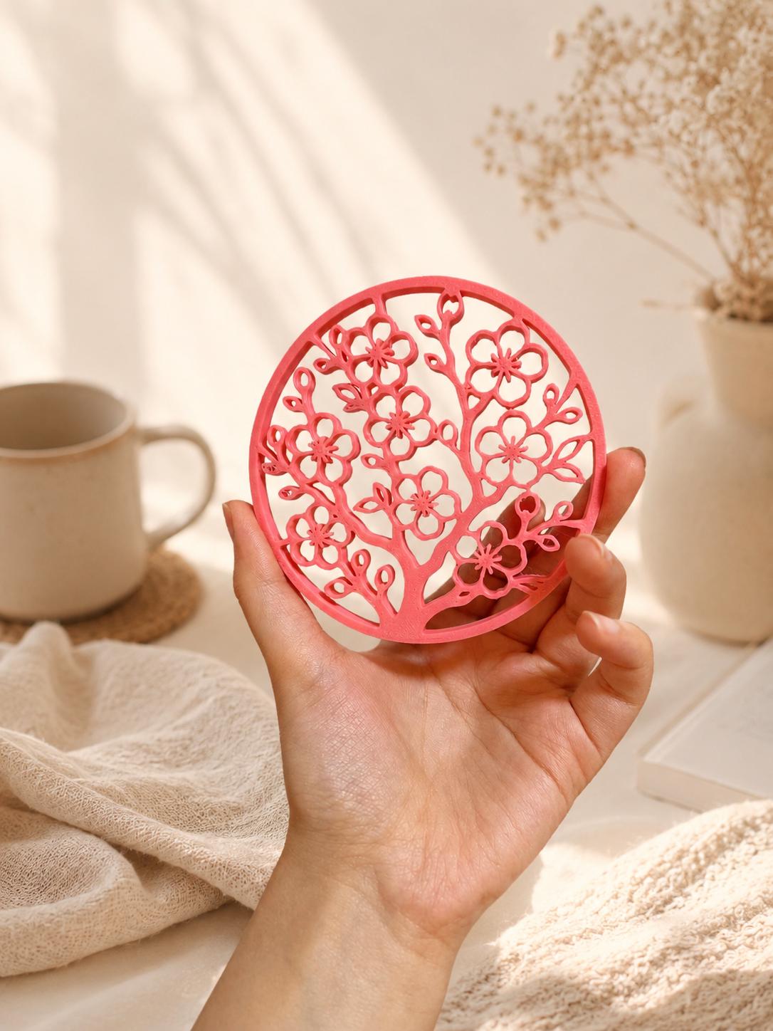Cherry Blossom Coaster, 3D Printed Floral Coaster, Kawaii Desk Decor