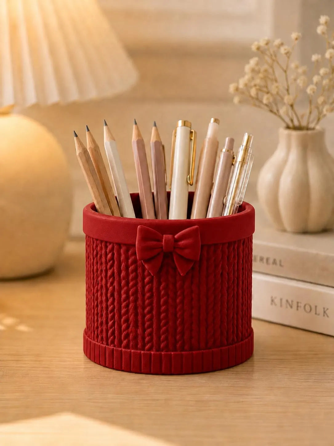 3D Printed Bow Pen Holder, Knit Texture Pencil Cup, Cute Desk Organizer, Coquette Office Decor, Teacher Gift, Aesthetic Desk Accessory