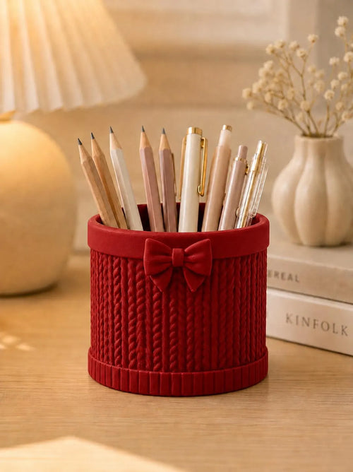 3D Printed Bow Pen Holder, Knit Texture Pencil Cup, Cute Desk Organizer, Coquette Office Decor, Teacher Gift, Aesthetic Desk Accessory