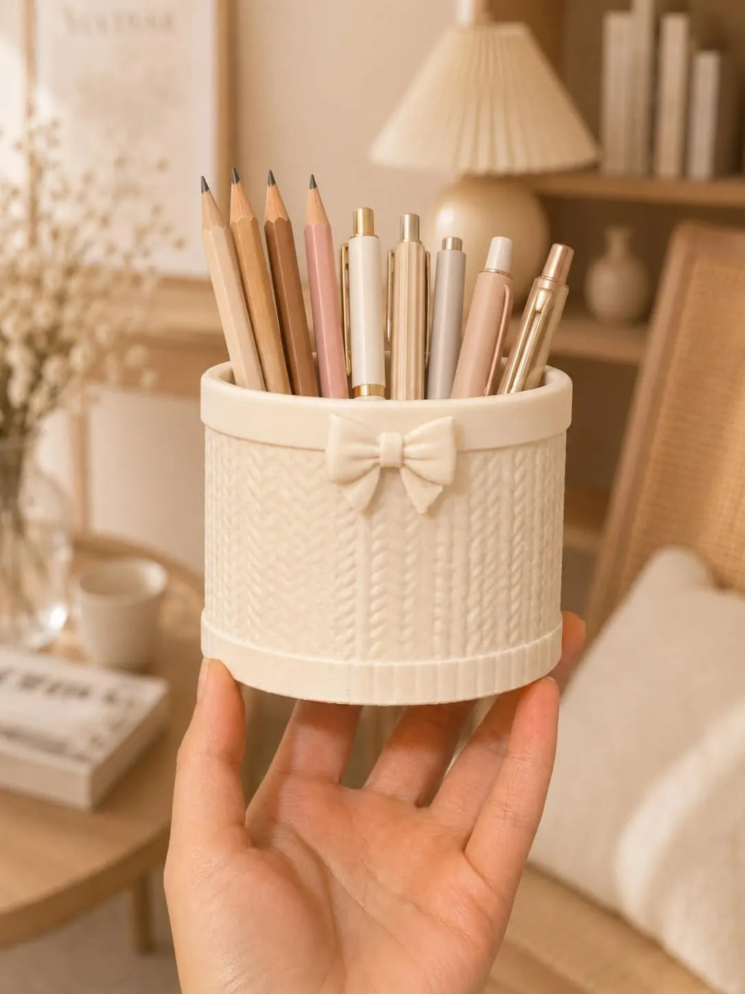 3D Printed Bow Pen Holder, Knit Texture Pencil Cup, Cute Desk Organizer, Coquette Office Decor, Teacher Gift, Aesthetic Desk Accessory