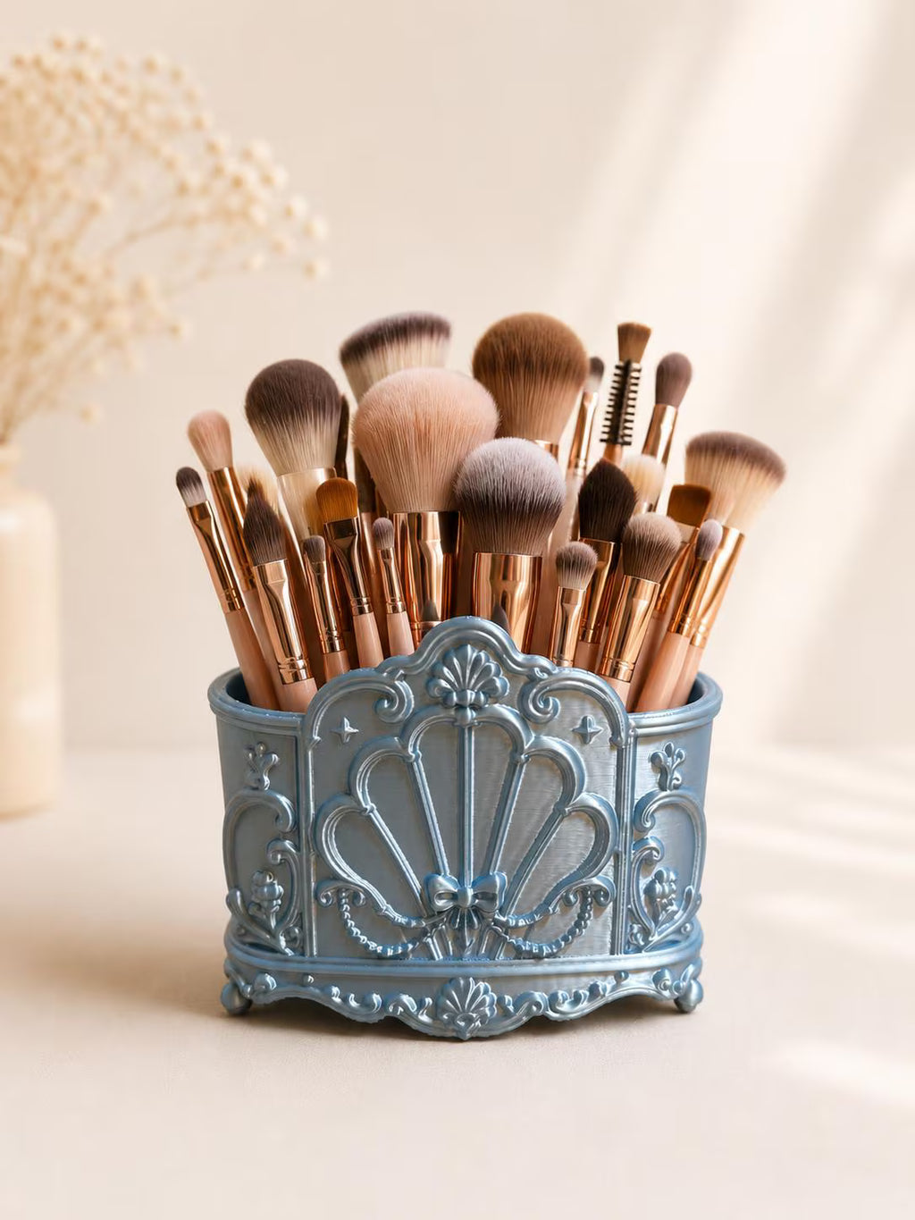 Vintage vanity organizer holding makeup brushes