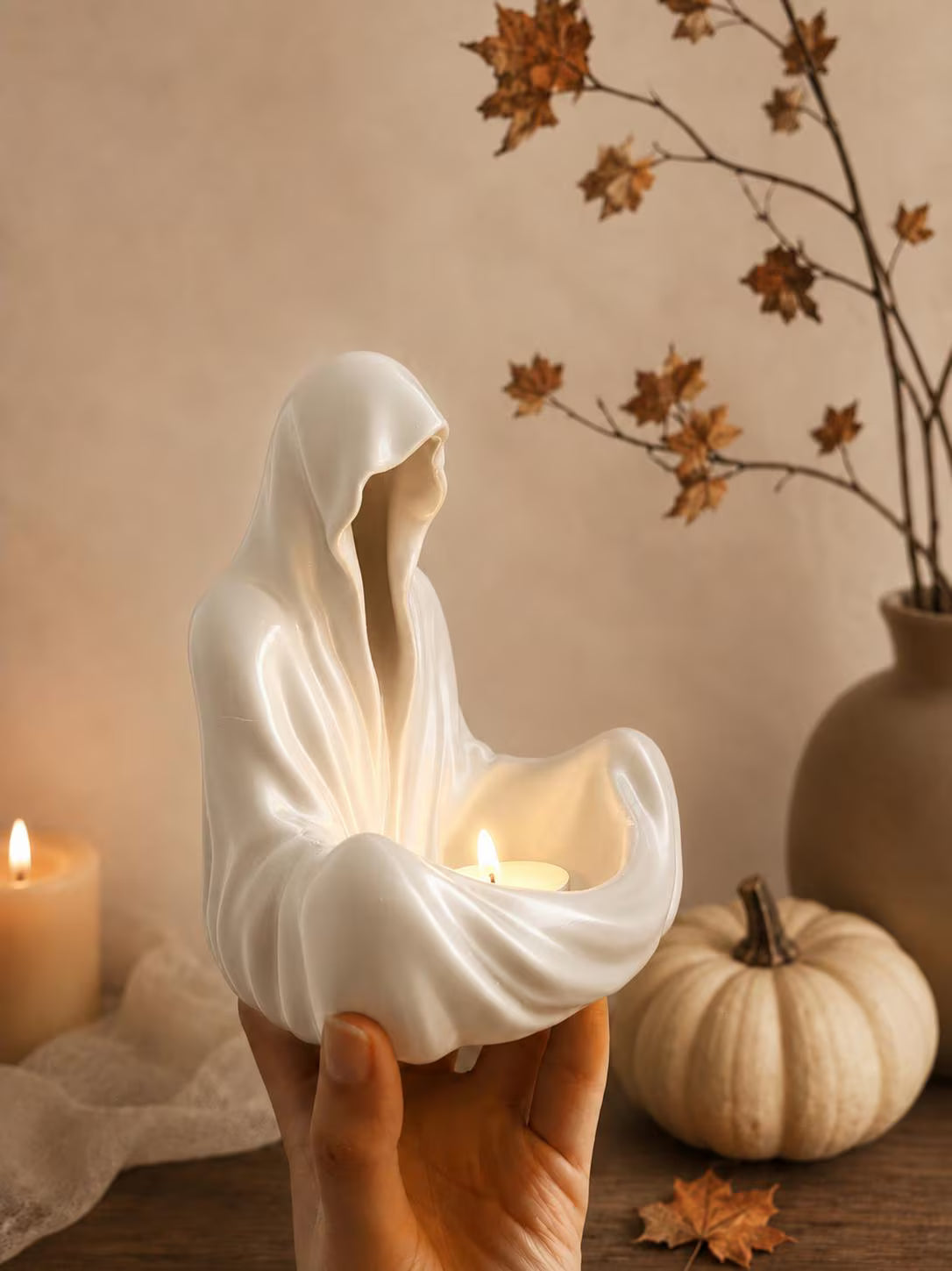 3D Printed Ghost Candle Holder, Halloween Decor, Gothic Home Accent, Witchy Home Decor