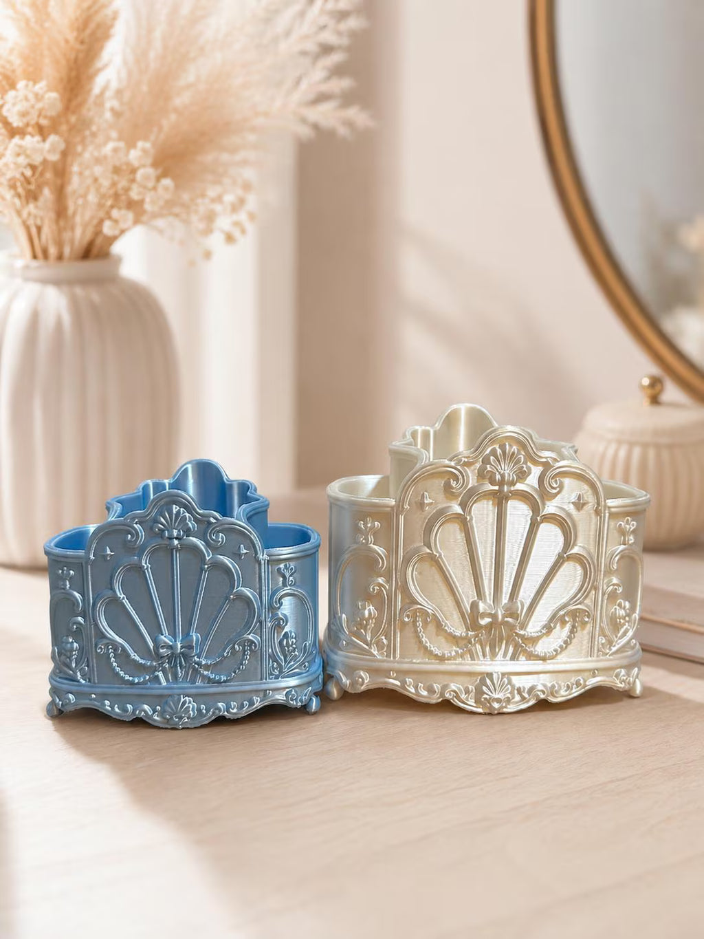 White and blue Baroque vanity organizer size options