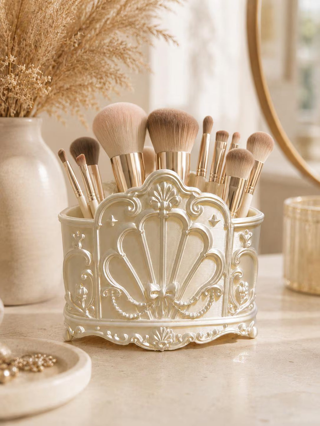 White Baroque makeup brush organizer